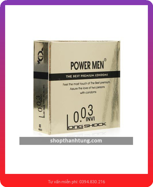 Bao cao su Power Men 0.03 Invi Long Shock – Hộp 3 chiếc, cao cấp, siêu mỏng chỉ 0.03mm, kéo dài quan hệ